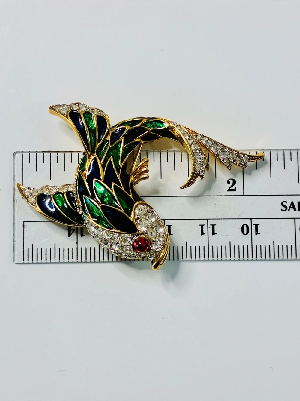 VTG Gold-Tone Green & Blue Enamel Fish Brooch with Clear Crystal Accents EUC